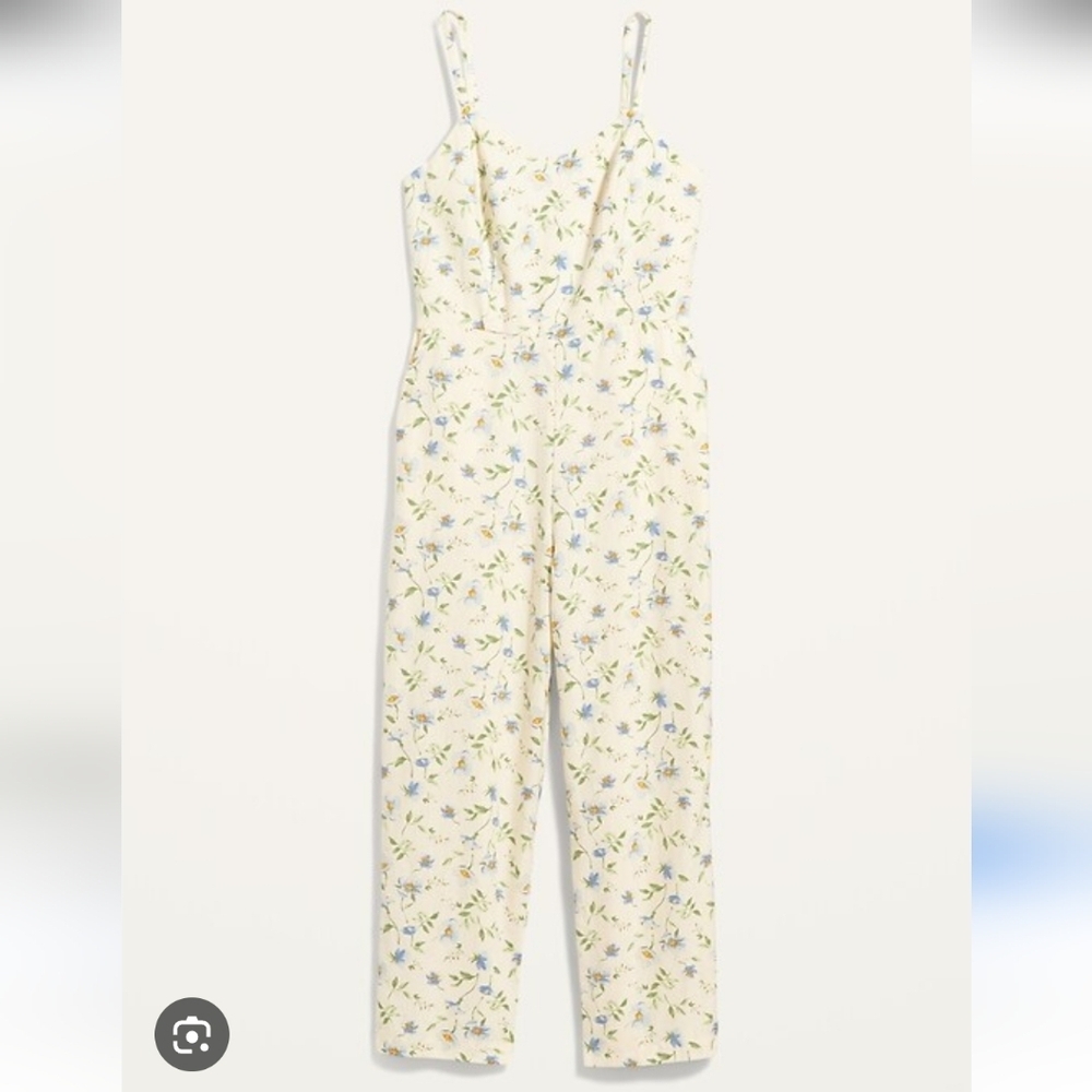Sleeveless Floral Cream Linen Jumpsuit Overalls With Pockets Straight Leg Small
